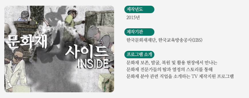 문화재 인사이드/ 제작년도 - 2015년/ 제작기관 - 한국문화재재단,한국교육방송공사(EBS) / 프로그램소개 - 문화재 보존, 발굴, 복원 및 활용 현장에서 만나는 문화재 전문가들의 땀과 열정의 스토리를 통해 문화재 분야 관련 직업을 소개하는 TV 제작지원 프로그램