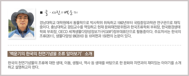 글, 사진=백운기 경남대학교 대학원에서 동물학으로 박사학위 취득하고 1992년부터 국립중앙과학관 연구관으로 재직중이다. 충남대학교 겸임교수를 역임하고 현재 문화재전문위원과 한국조류학회 부회장, 한국환경생태학회 부회장, OECD 세계생물다양성정보기구(GBIF)정부대표단으로 활동중이다. 주요저서는 한국의 조류(2011), 생물다양성 99(2010)등 10여편과 150편의 논문이 있다. ’백운기의 한국의 천연기념물 조류 알아보기’소개 한국의 천연기념물의 조류에 대한 생태, 이동, 생활사, 역사 등 생태를 바탕으로 한 문화와 자연과의 재미있는 이야기를 소개하고 설명하고자 한다.